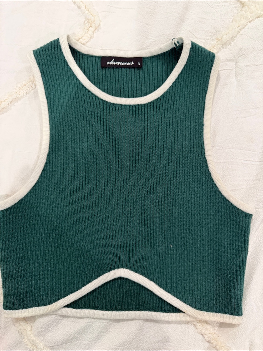 Olivaceous Forest Green Ribbed Crop Tank with Cream Trim